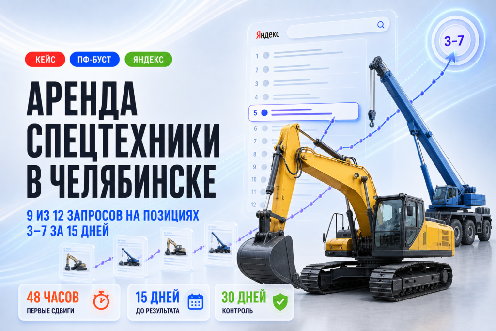 Аренда спецтехники в Челябинске: 9 из 12 запросов в ТОП-3–7 за 15 дней