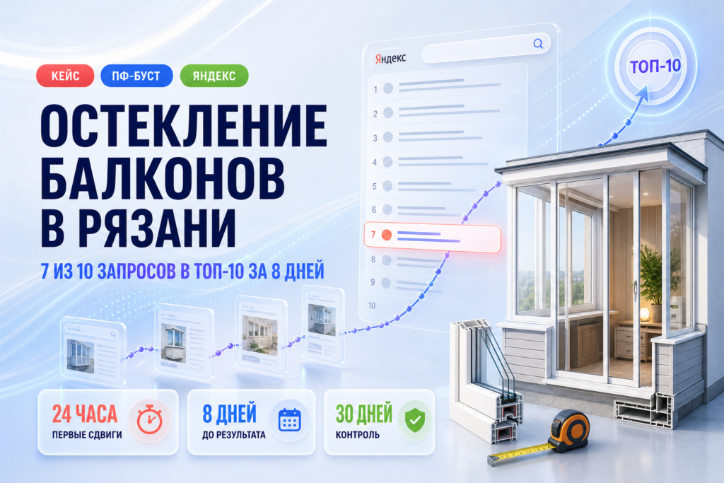 Остекление балконов в Рязани: 7 из 10 запросов в ТОП-10 за 8 дней