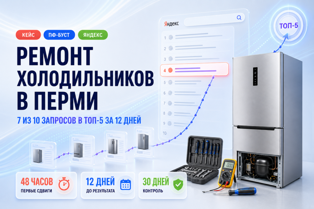Ремонт холодильников в Перми: 7 из 10 запросов в ТОП-5 за 12 дней